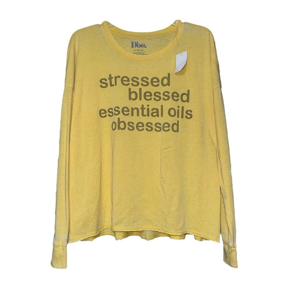 Stressed Blessed Essential Oils Obsessed Doe Yellow Long Sleeve Top XL New